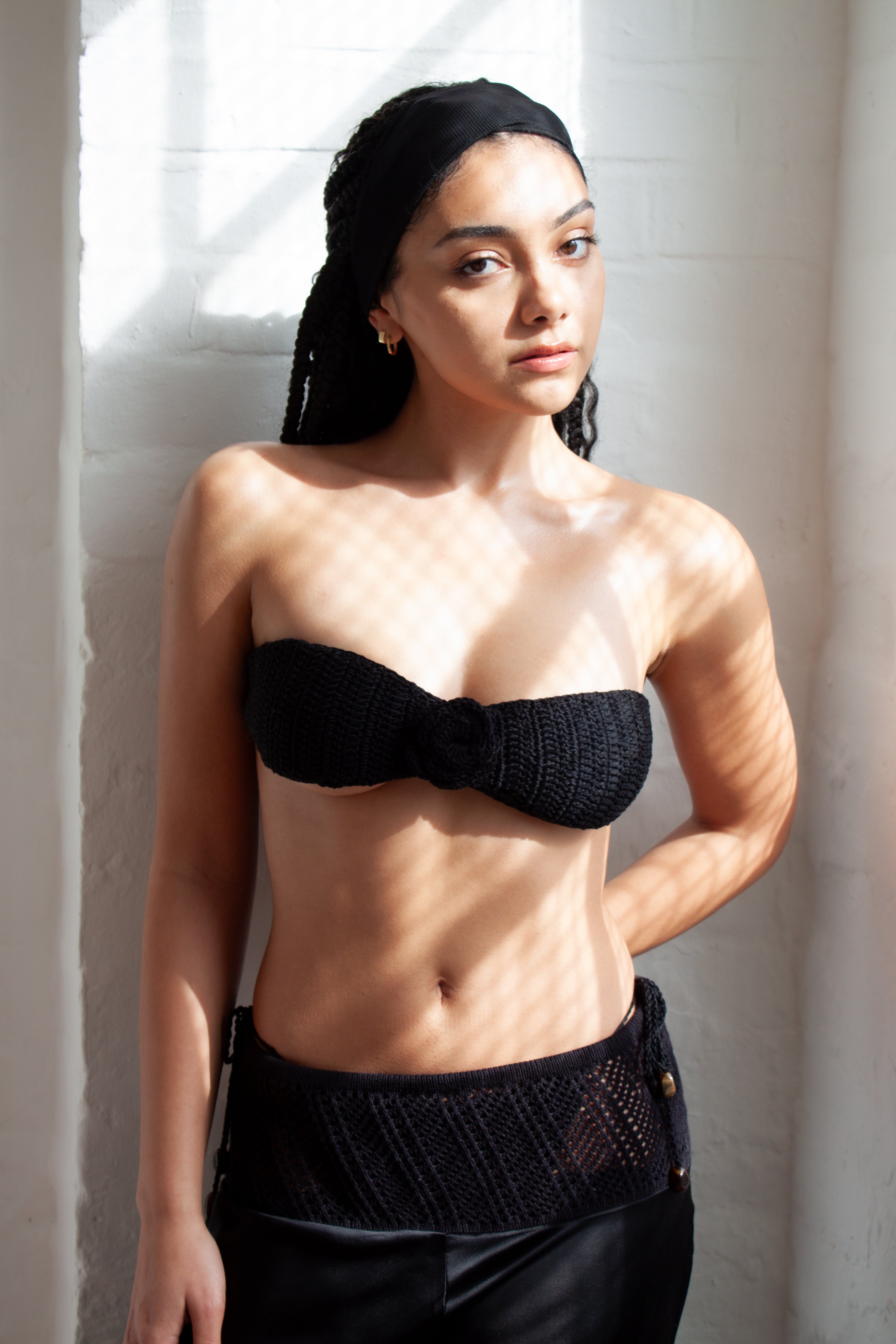 Rose Bandeau Crochet Bikini Top in Black
